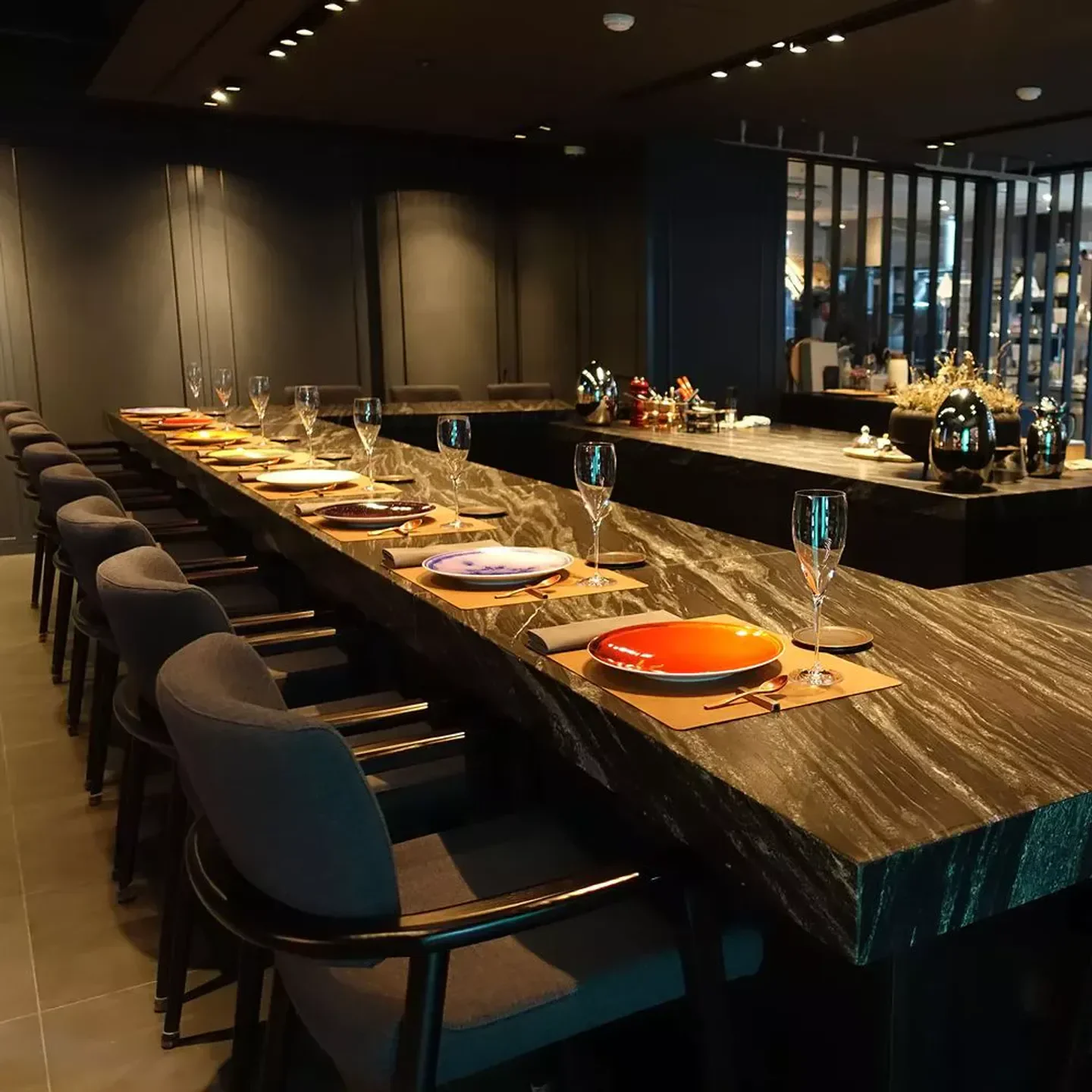 Elegant dining space at 7th Door restaurant in Seoul with detailed table settings.