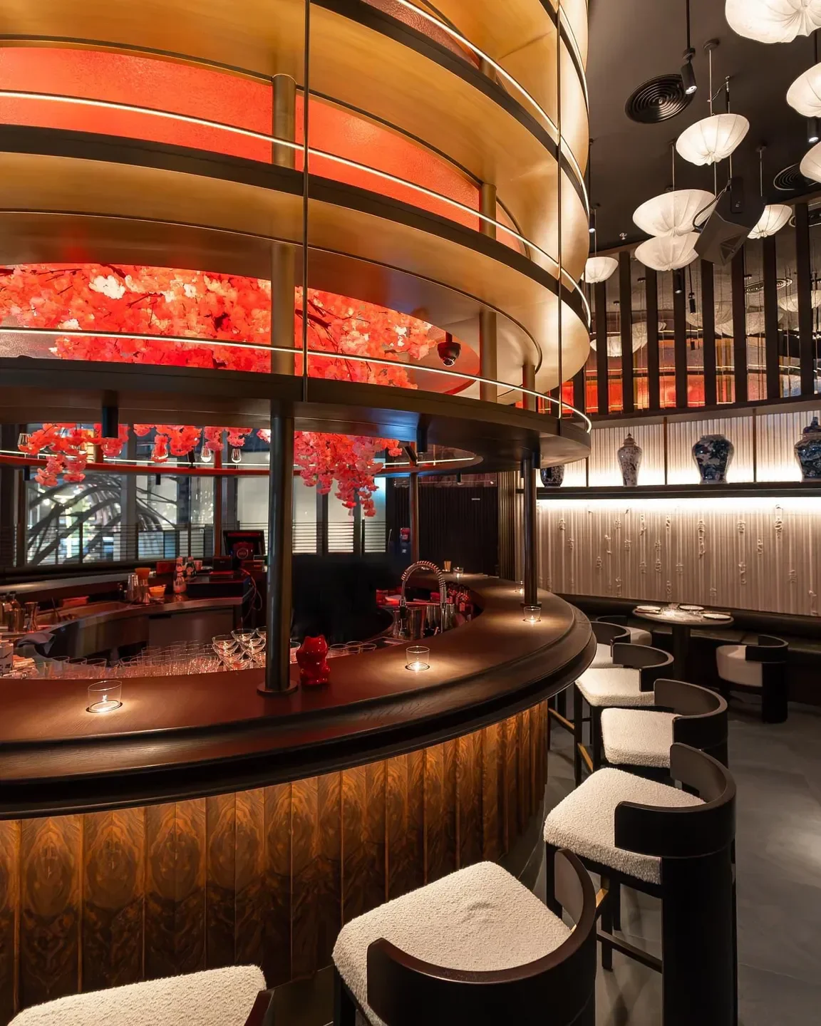 Interior of Alba Restaurant Dubai featuring a stylish bar with unique decor in Dubai.