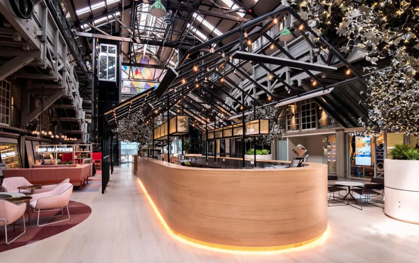 Stylish interior of Alibi Bar & Kitchen in Sydney with a unique architectural design.