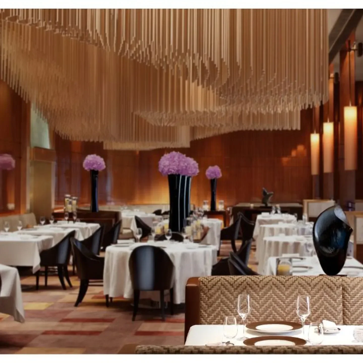 Elegant dining room interior at Amber restaurant in Hong Kong, featuring floral decor.