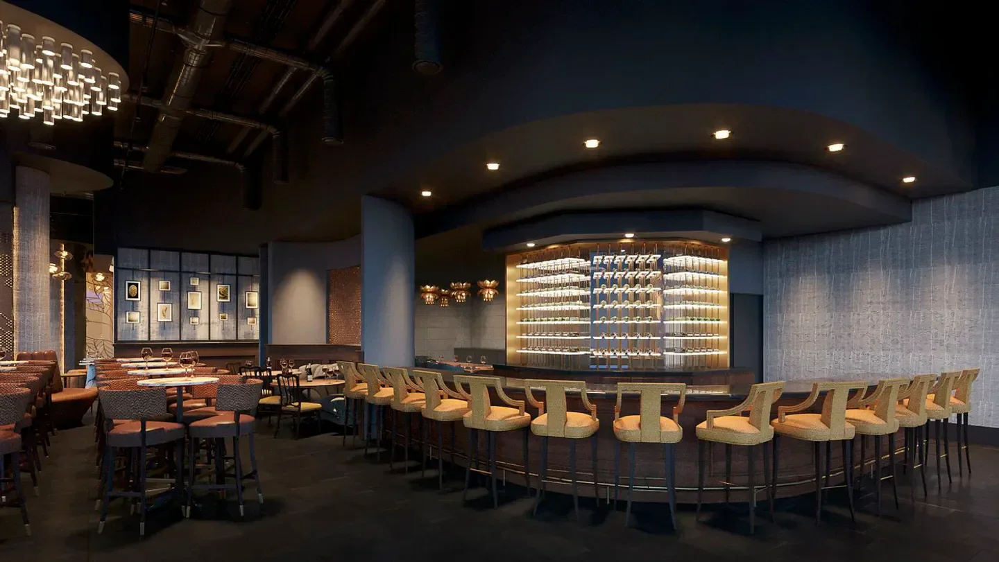 Interior of Amrina restaurant in Houston, with bar and seating area.