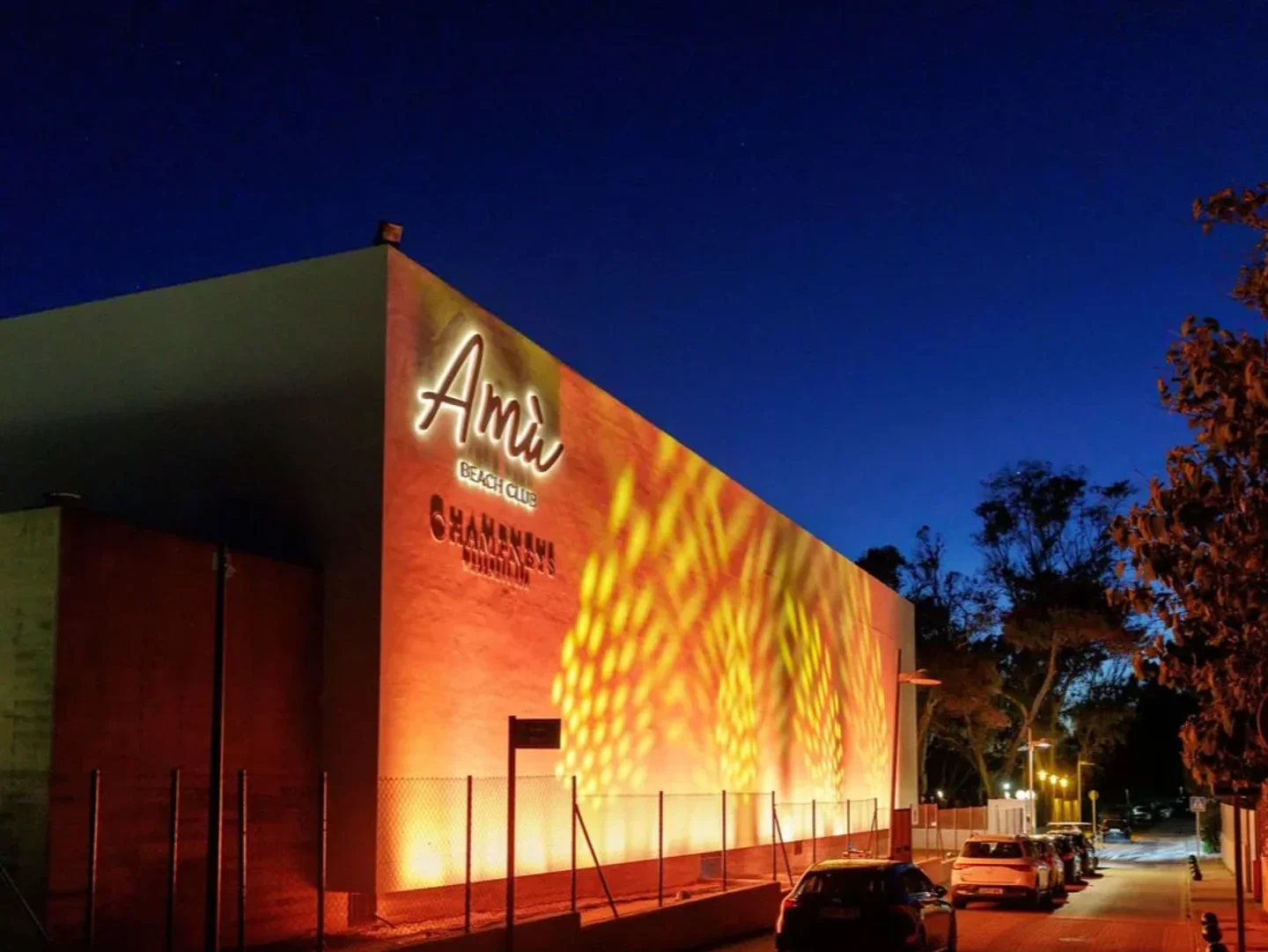 Amu Beach Club Marbella illuminated exterior at dusk with vibrant lighting and palm trees.