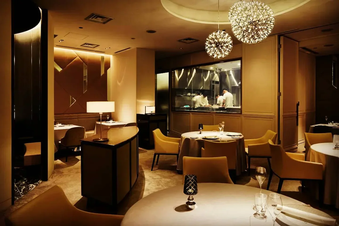 Interior of Asahina Gastronome, a restaurant in Tokyo, with a view of the kitchen