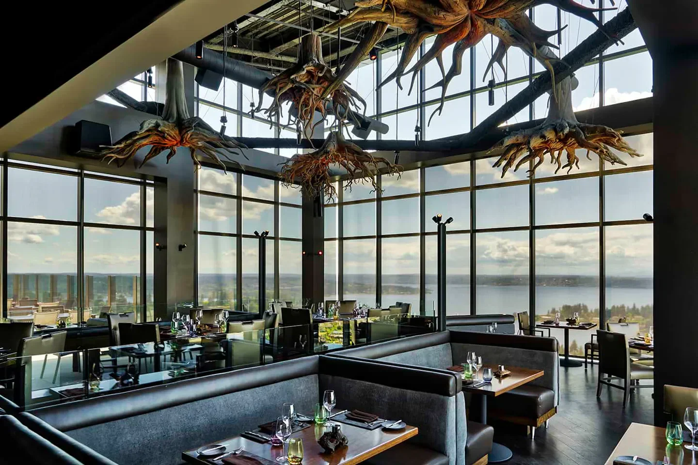 Interior of Ascend Prime Steak & Sushi in Seattle with unique decor and city views.