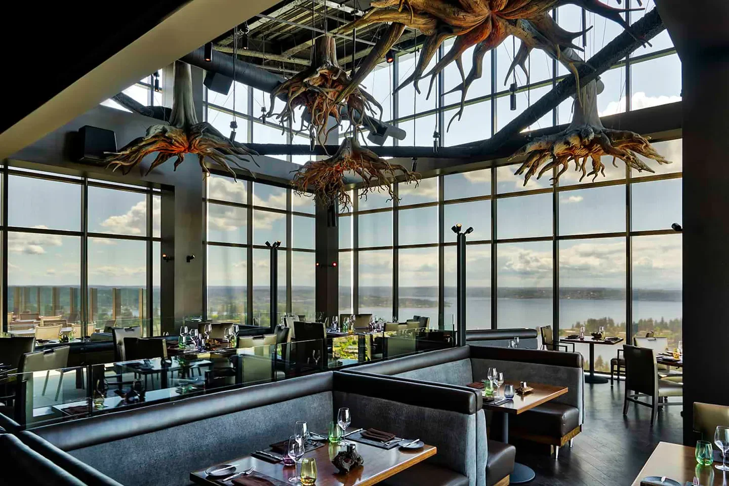 Interior of Ascend Prime Steak & Sushi in Seattle with unique decor and city views.
