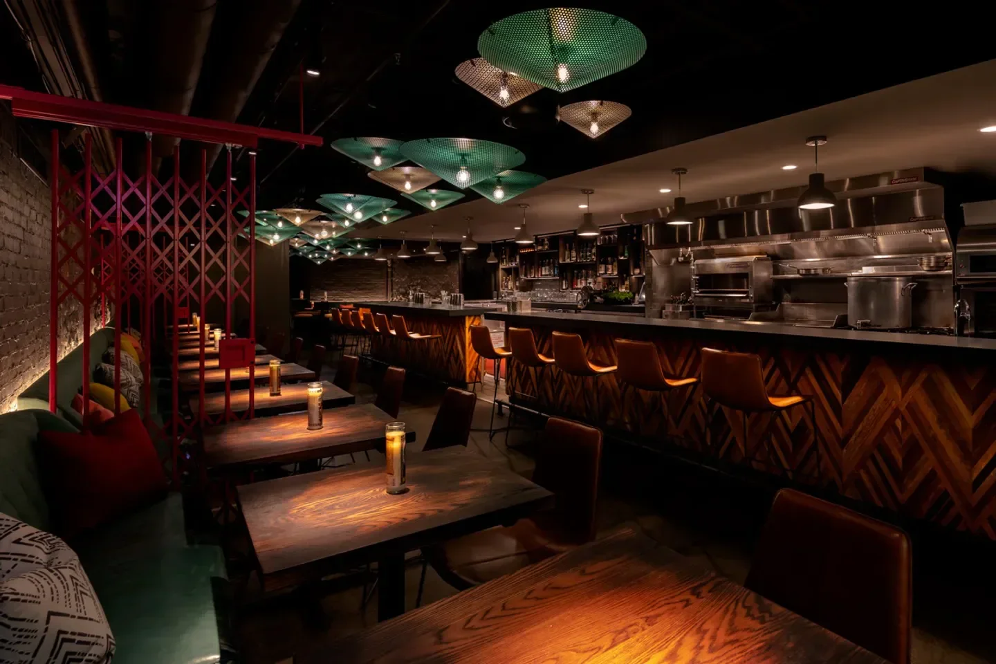 Interior of Bar Sótano in Chicago, featuring stylish seating and unique lighting design.