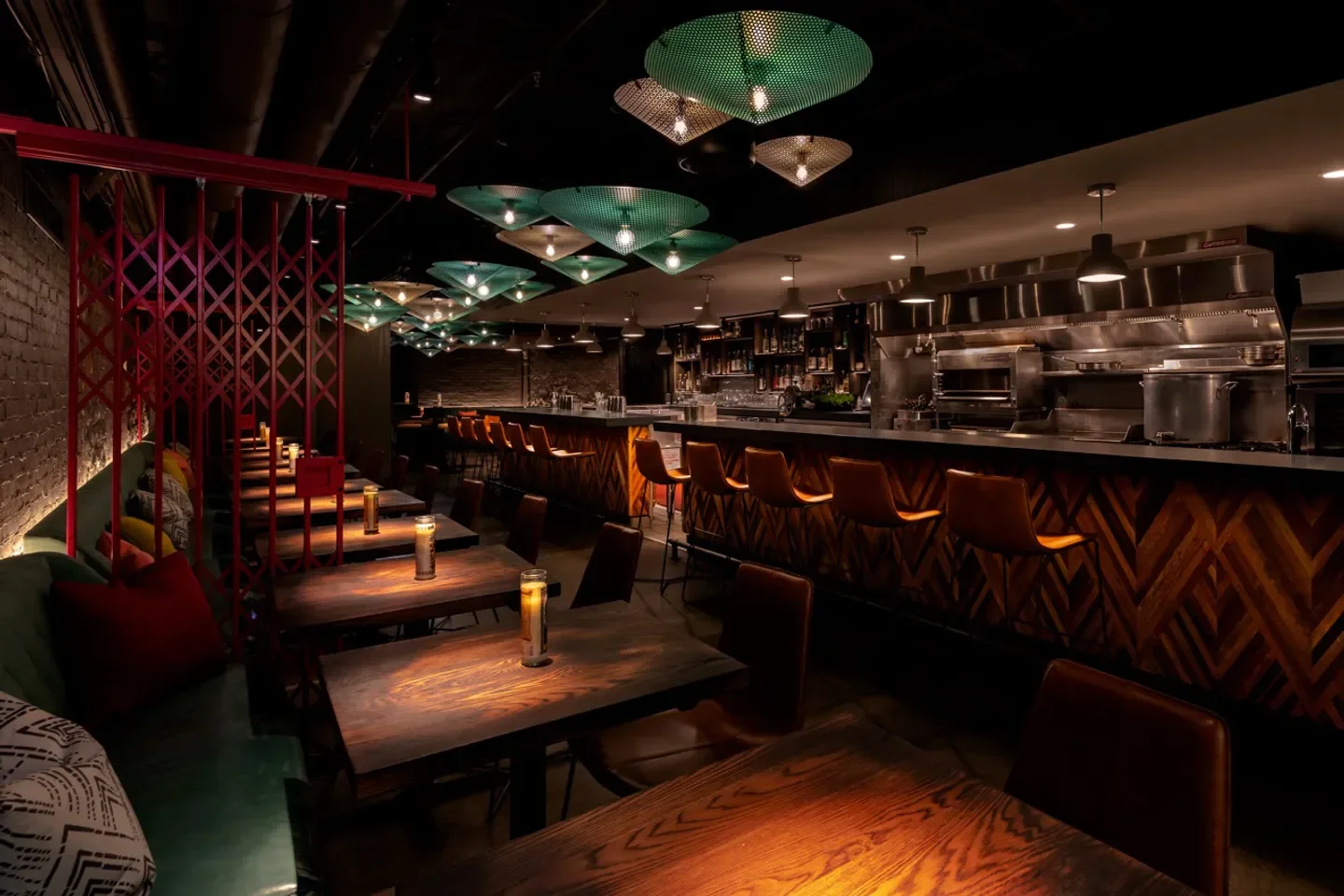 Interior of Bar Sótano in Chicago, featuring stylish seating and unique lighting design.