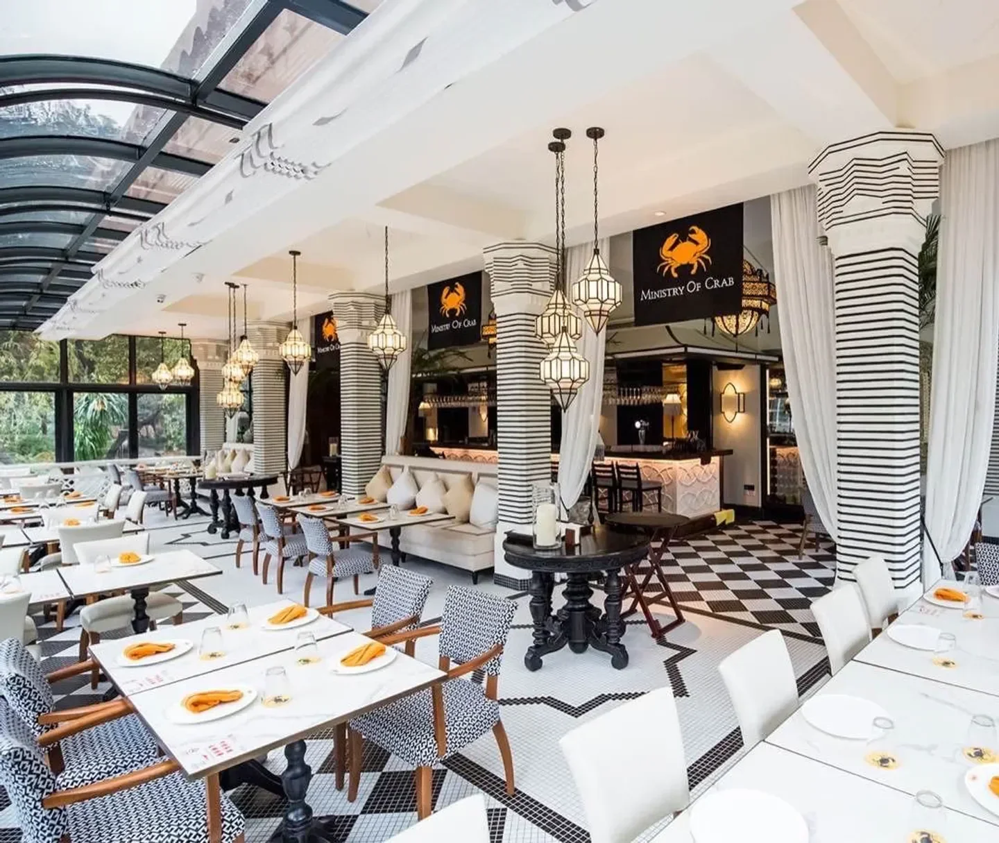Interior of Barbarossa restaurant in Shanghai, featuring stylish decor and dining tables