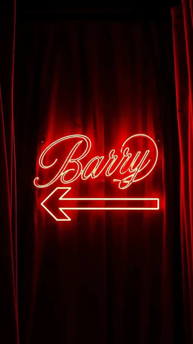 Neon sign for Barry nightclub in the city, with red curtains and arrow pointing left.