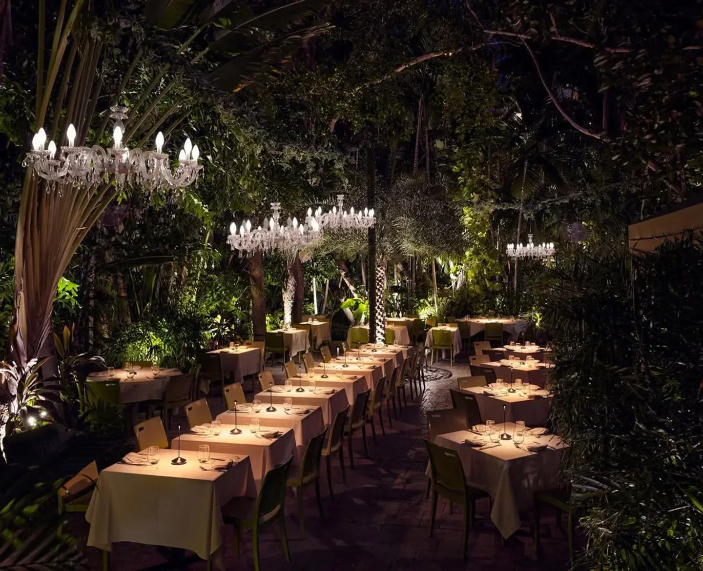 Elegant dining at Barton G. The Restaurant in Miami, surrounded by lush greenery and chandeliers