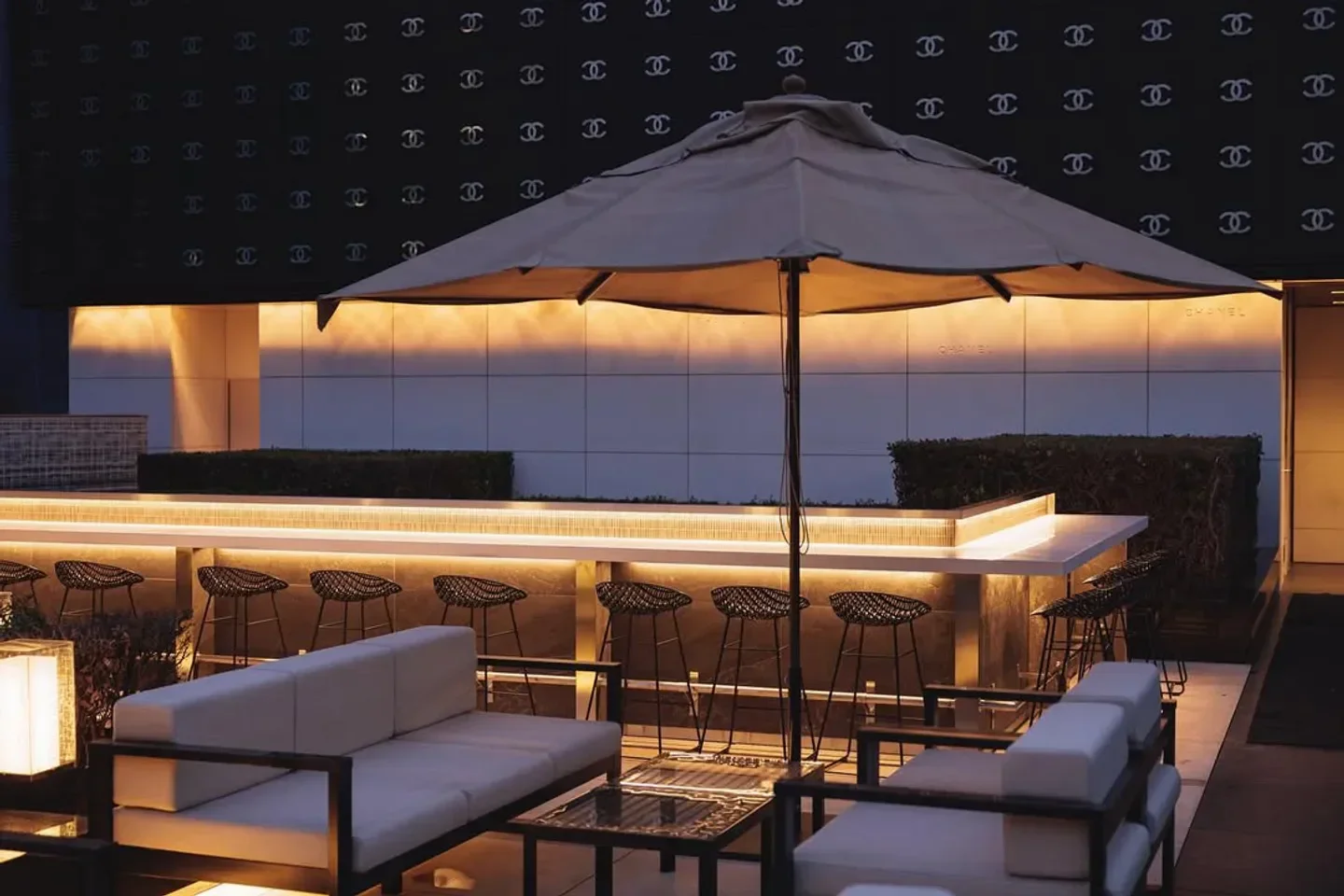 Outdoor bar at Beige Alain Ducasse at Chanel Ginza in Tokyo, sophisticated lounge seating