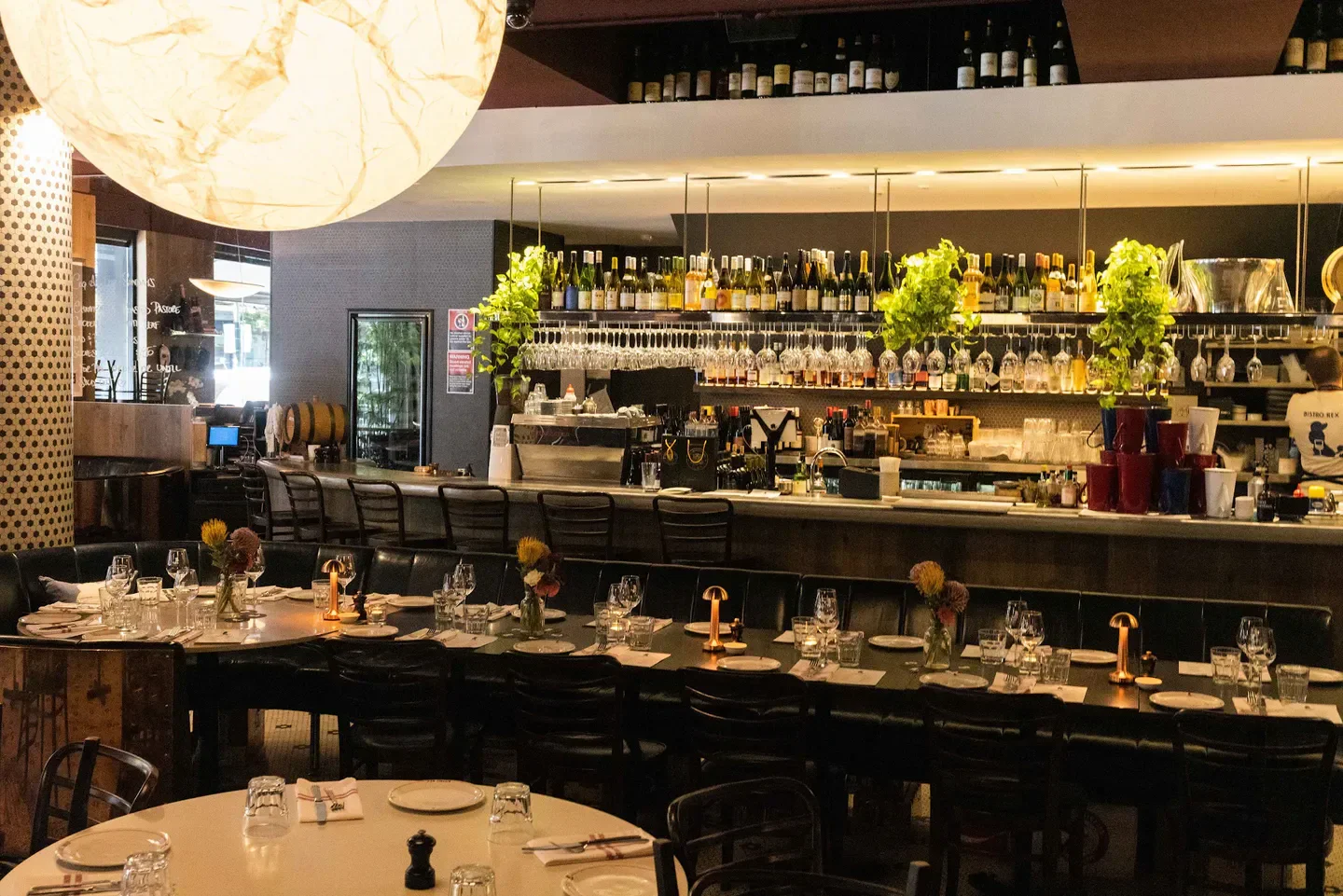 Interior of Bistro Rex in Sydney, showcasing tables and bar area with wine selection.