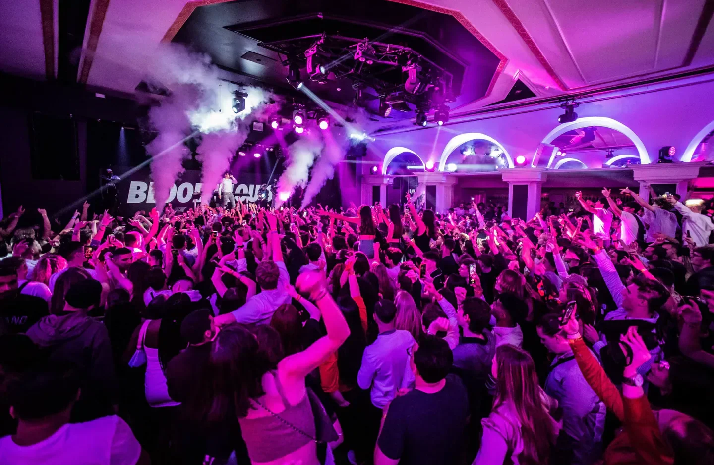 Energetic crowd at Bloody Louis nightclub in Brussels enjoying live music and partying.