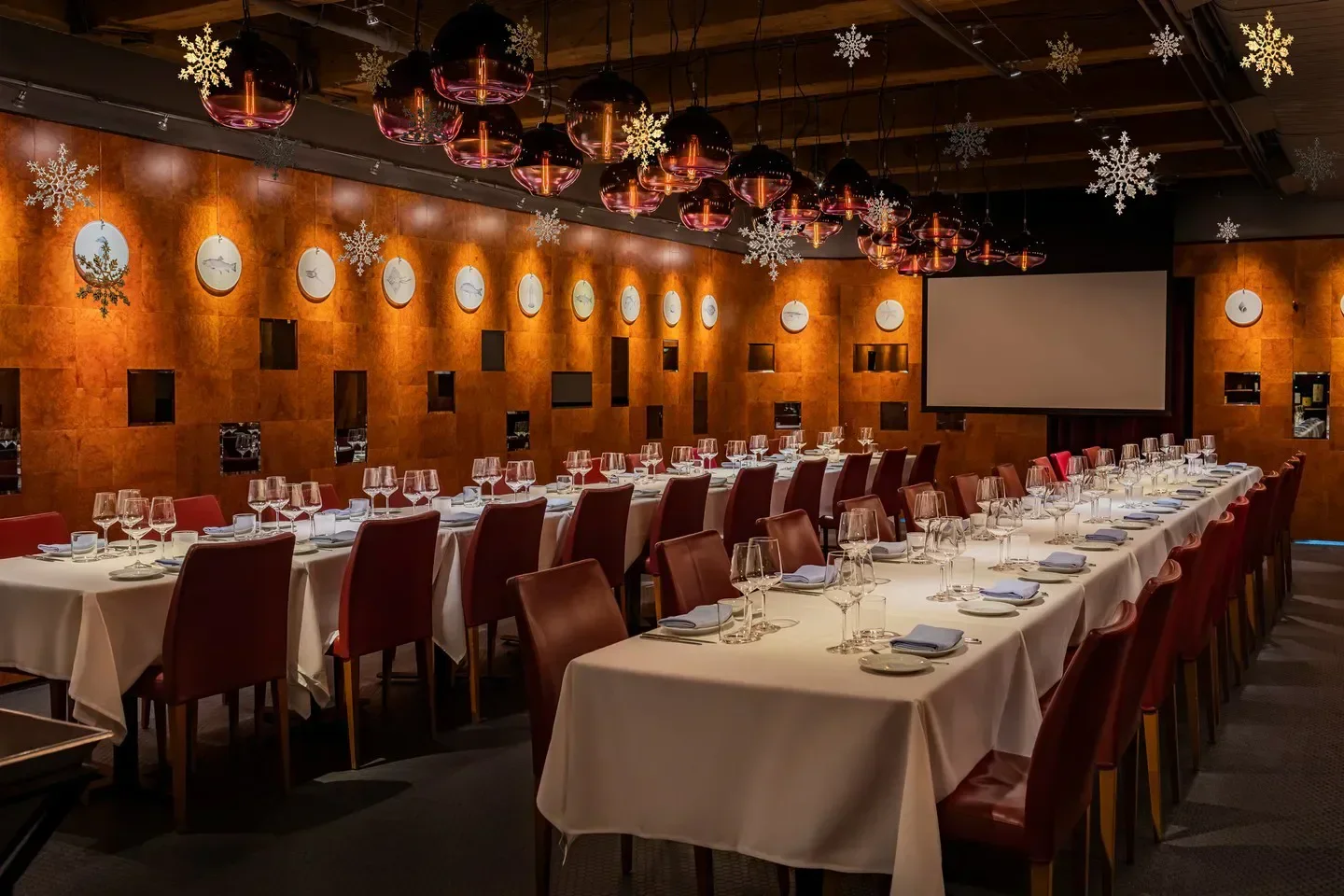 Elegant dining room at Blue Water Cafe in Vancouver, ready for a special event.