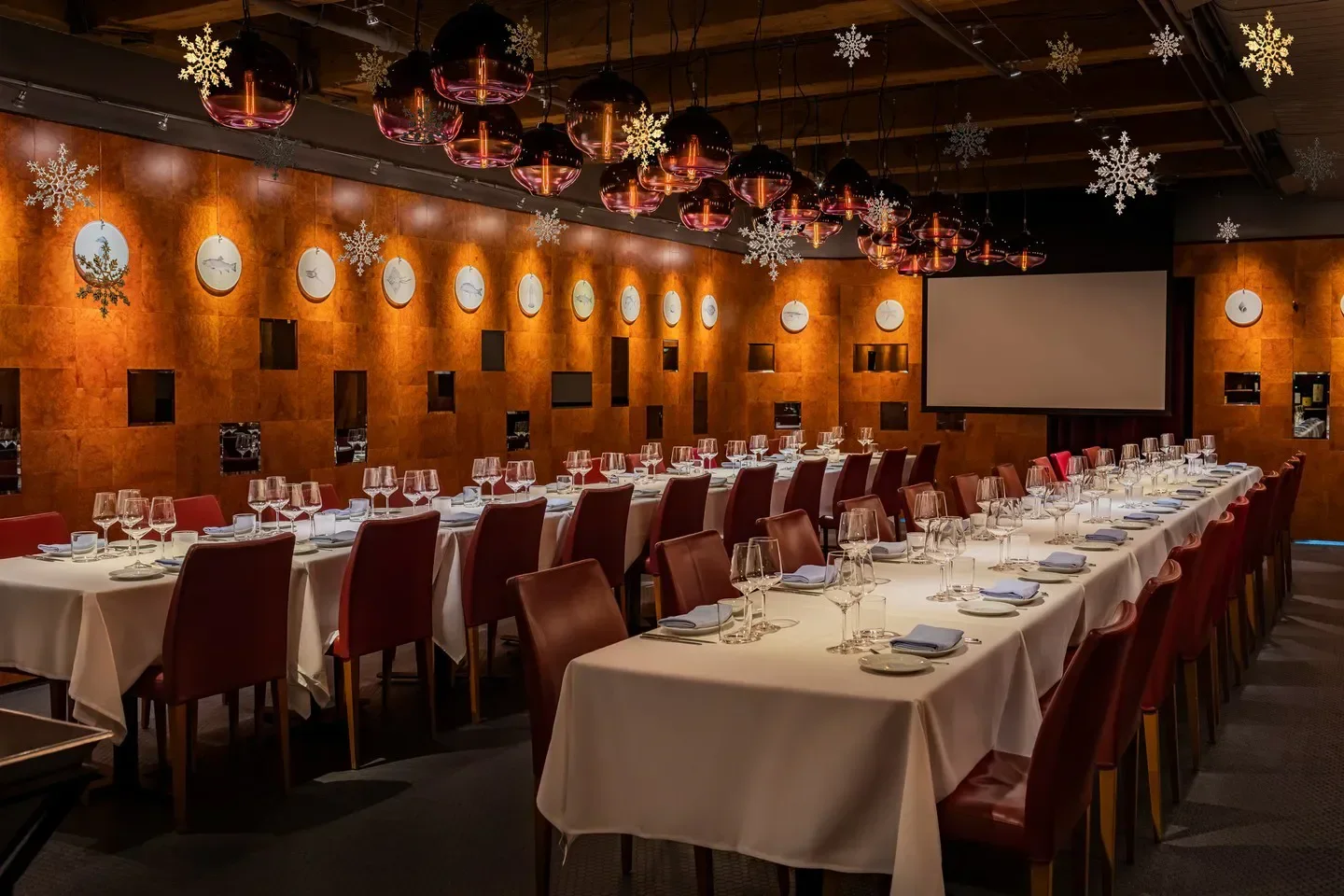 Elegant dining room at Blue Water Cafe in Vancouver, ready for a special event.