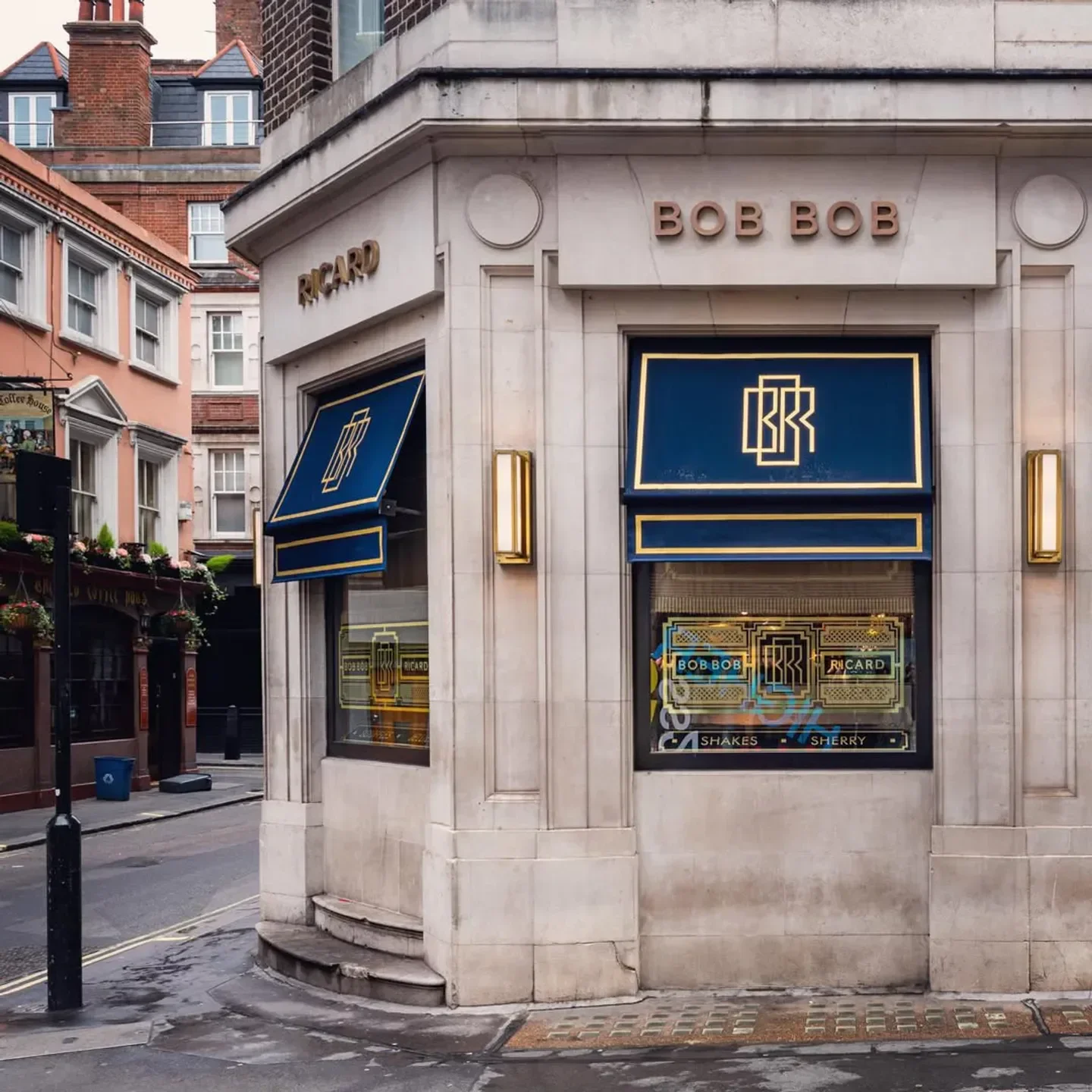 Exterior of Bob Bob Ricard City of London restaurant in London, with stylish facade.