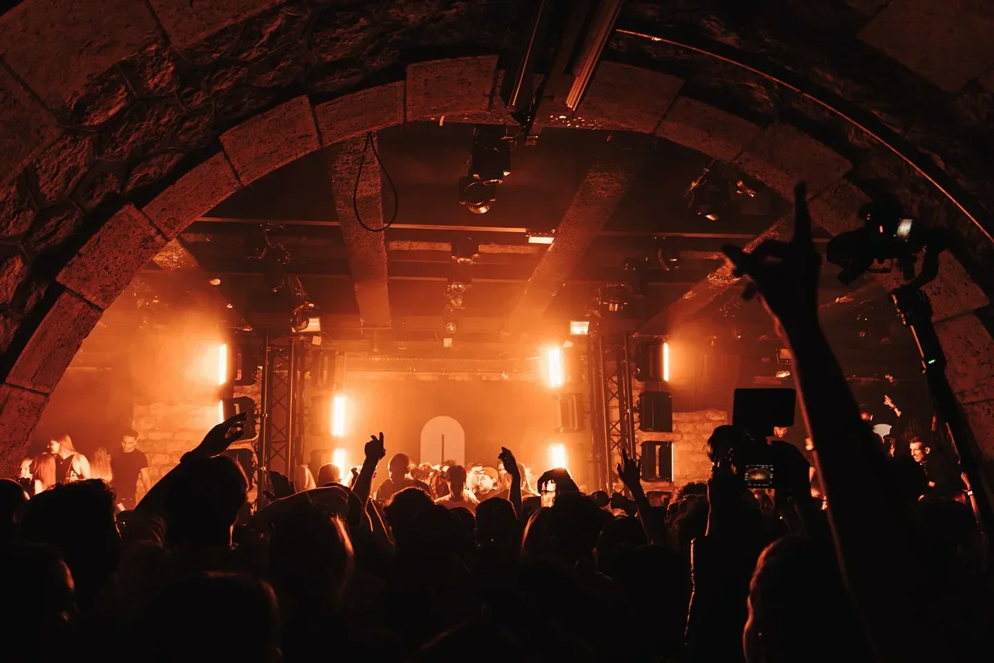 Energetic crowd at Bridge Club nightclub in Paris, dancing under stage lights.