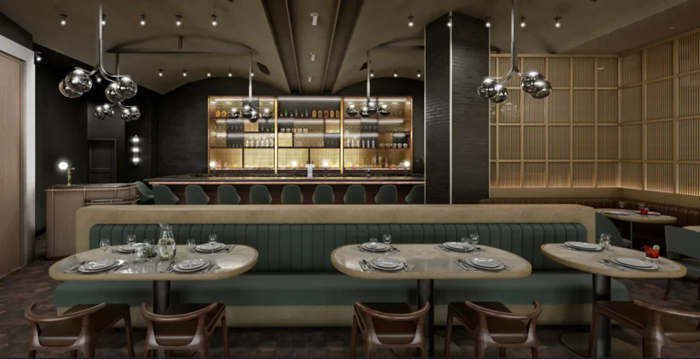 Elegant interior of Brush Sushi in Atlanta with stylish seating and bar.