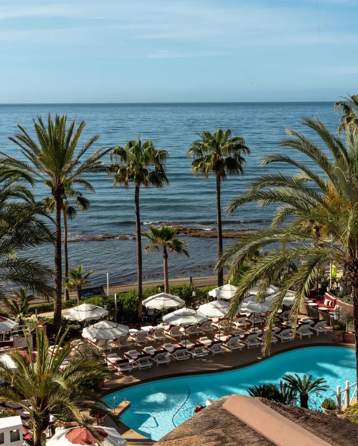 Chiringuito Puente Romano in Marbella: poolside loungers and umbrellas by the azure sea under palm trees.