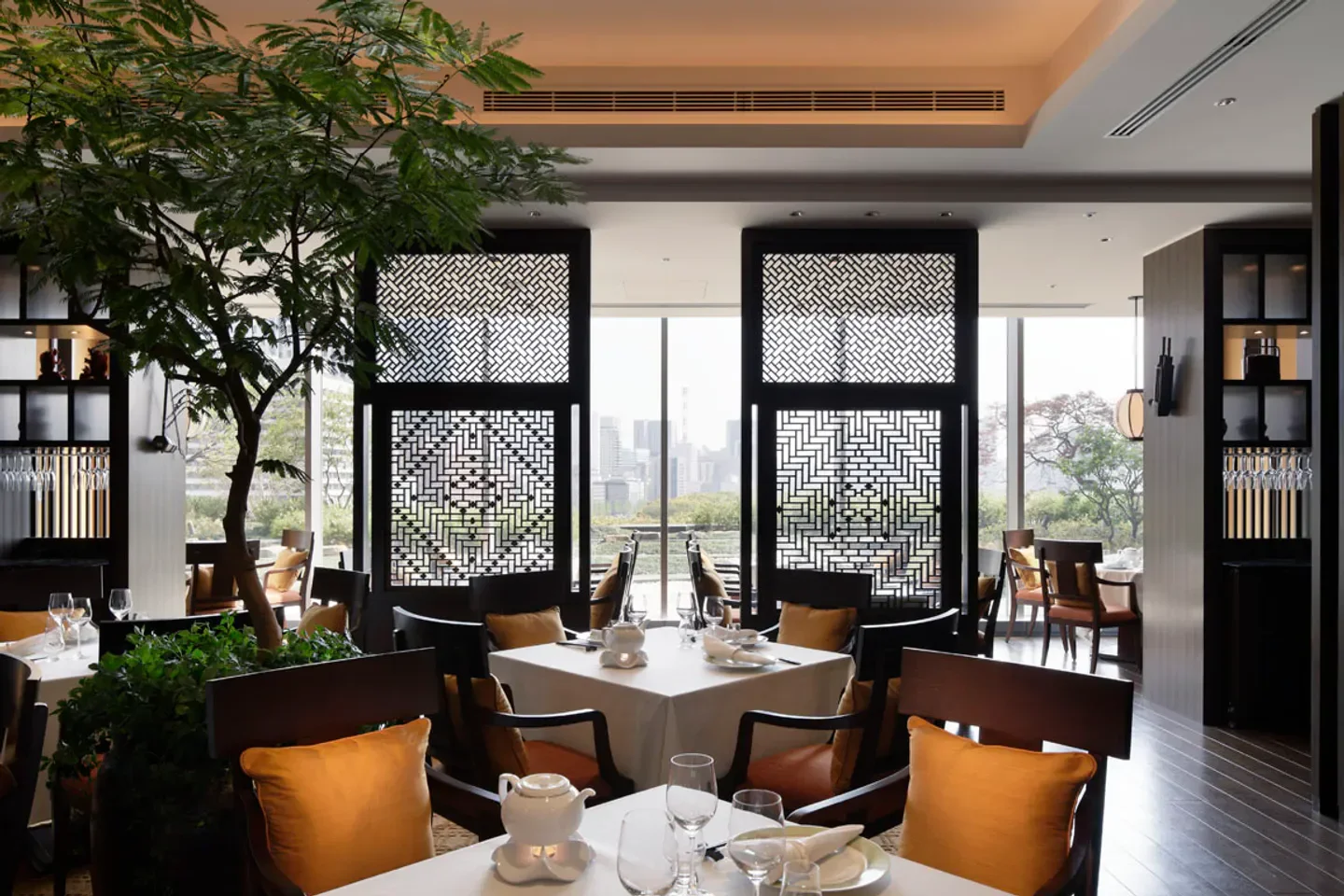 Elegant dining at Chugoku Hanten Kohakukyu (Amber Palace), Tokyo, with city views
