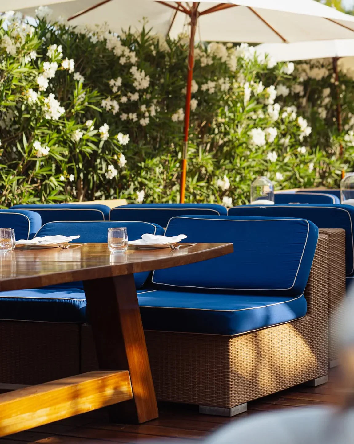 Outdoor seating at Cipriani Ibiza with blue cushions and white umbrellas amidst blooming flowers.