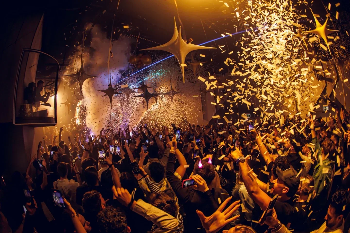 Confetti and a crowd at Club Heaven Budapest nightclub, celebrating in Budapest.