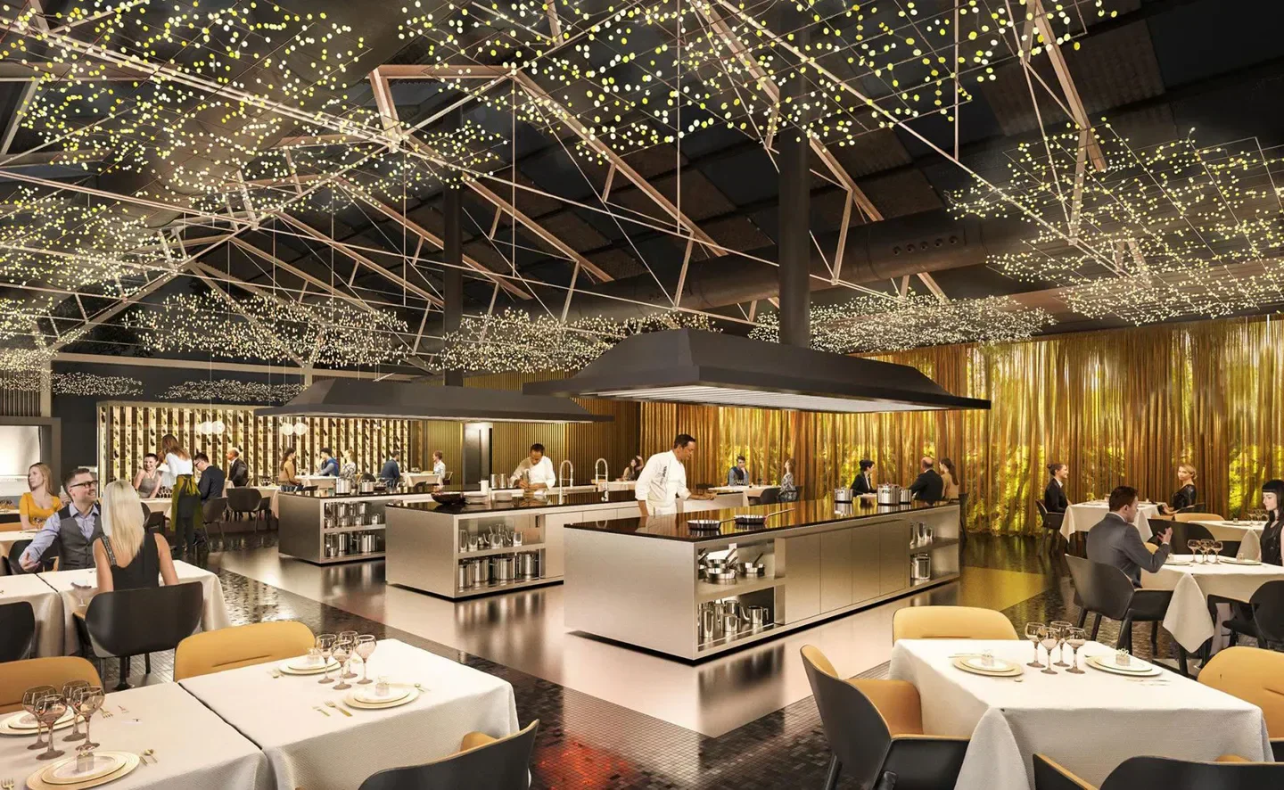 Cocina Hermanos Torres in Barcelona, stylish dining room with open kitchen and elegant decor.