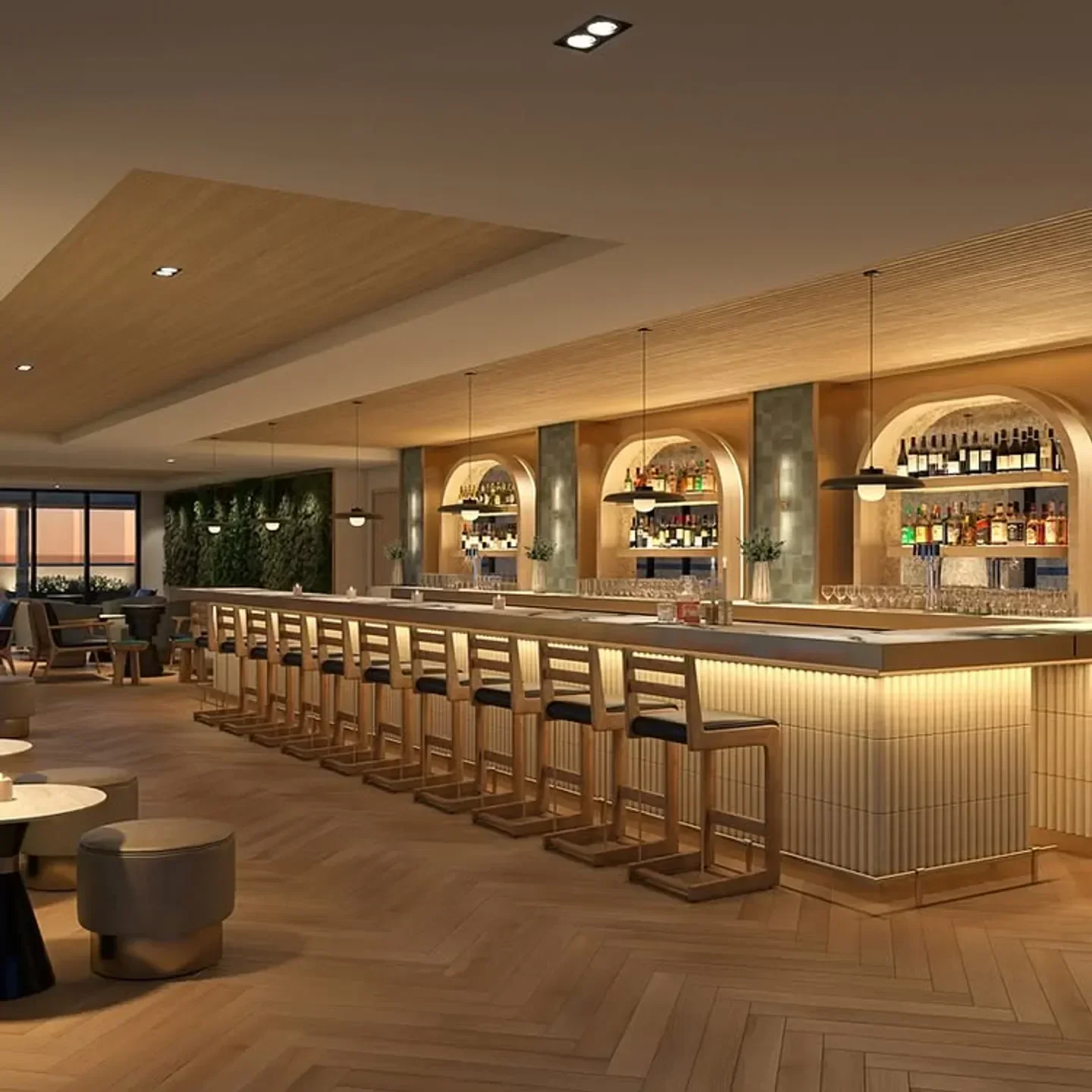 Interior bar at Cranes restaurant in Washington, featuring stylish seating and lighting.