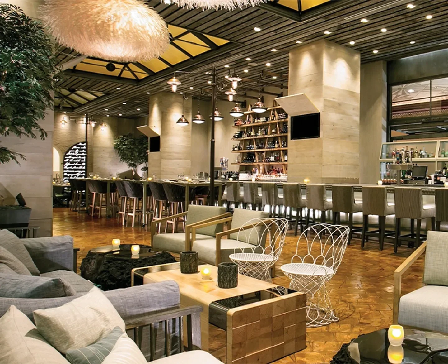 Interior of CRUSH restaurant in Las Vegas, featuring bar and lounge seating areas.