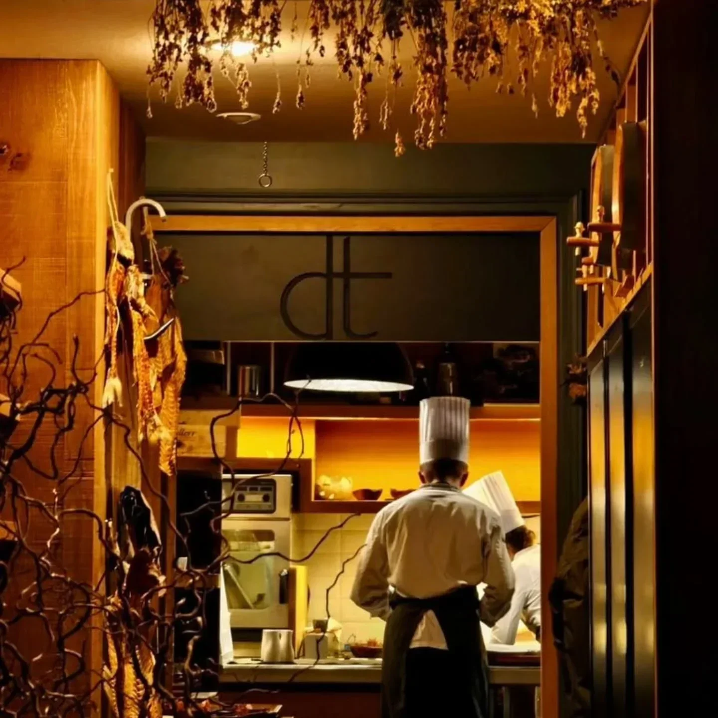 Chef at work in the kitchen of David Toutain restaurant, Paris, with a warm and inviting interior.