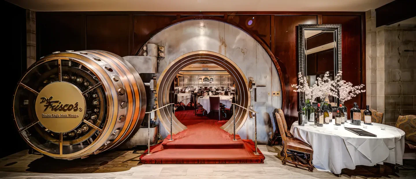 Entrance to Del Frisco's Double Eagle Steakhouse in Philadelphia, featuring unique vault door