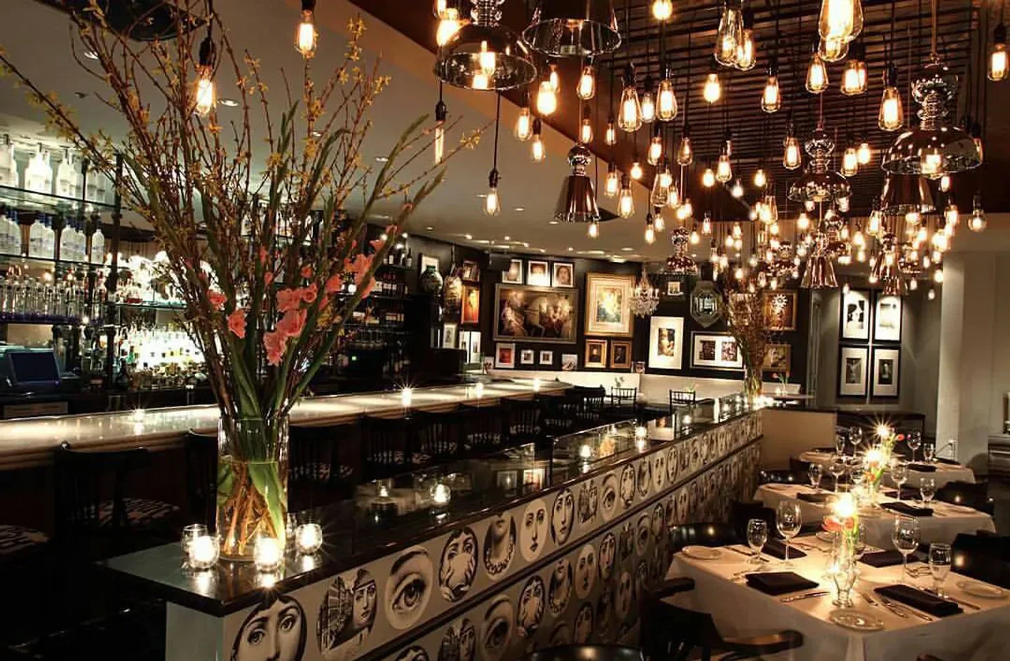 Interior of Dragonfly restaurant in Dallas, featuring unique lighting and art decor.