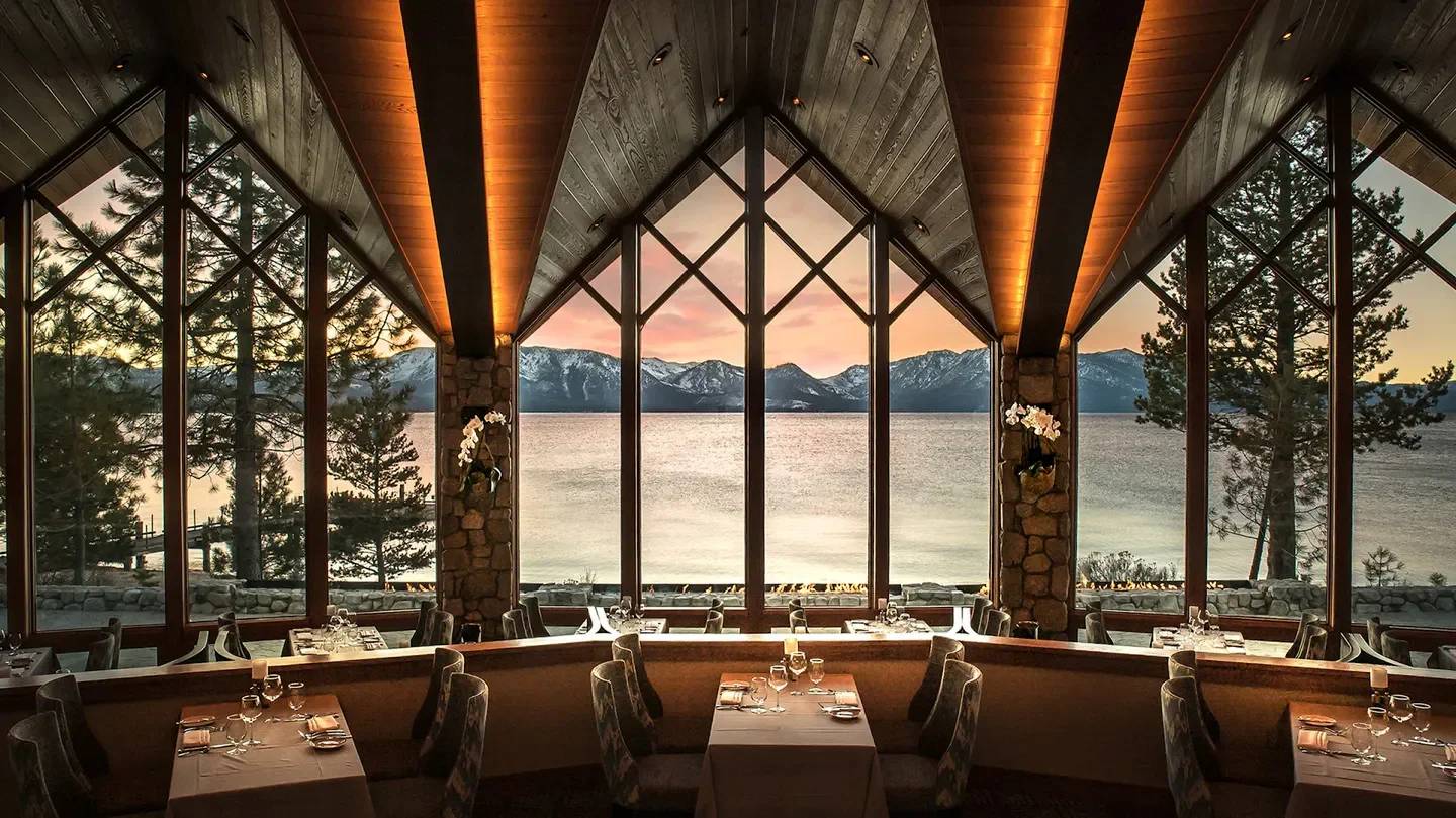 Edgewood Restaurant in Tahoe with stunning lake views, ideal for a sunset dinner.