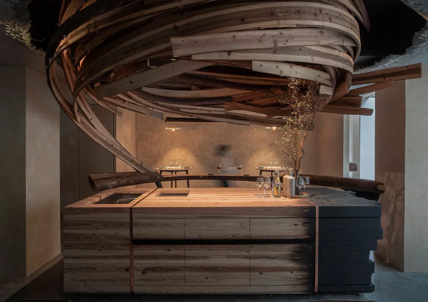 Unique wooden architecture inside EMBERS restaurant in Taipei, showcasing modern design