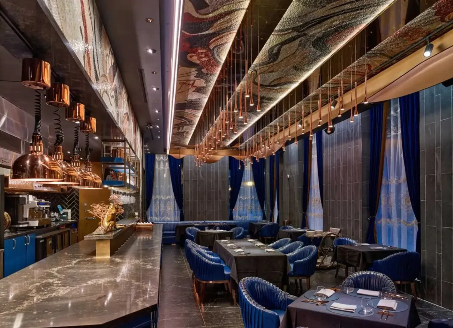 Elegant interior of Enigma Yorkville restaurant in Toronto, featuring stylish decor and lighting.