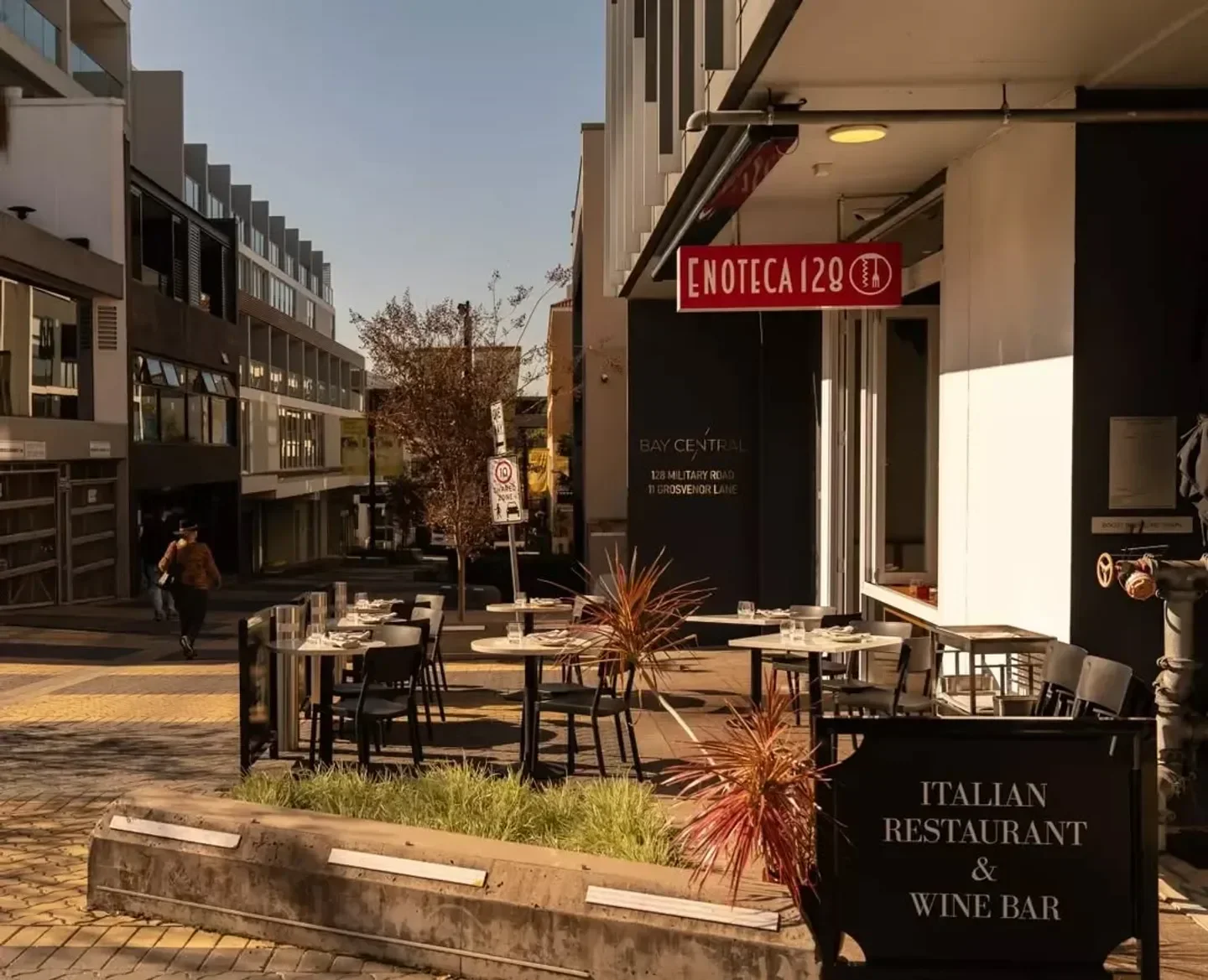 Outdoor seating at Enoteca 128 Italian restaurant and wine bar in Sydney.