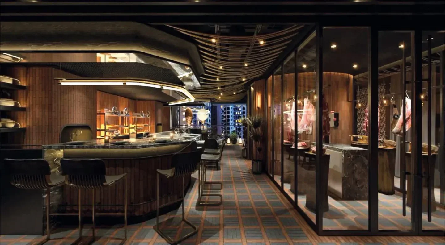 Interior of Fireside restaurant in Hong Kong, featuring a bar and meat display.