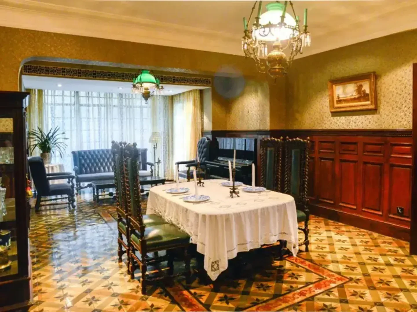 Elegant dining room at Fu 1088 restaurant in Shanghai, featuring vintage decor.