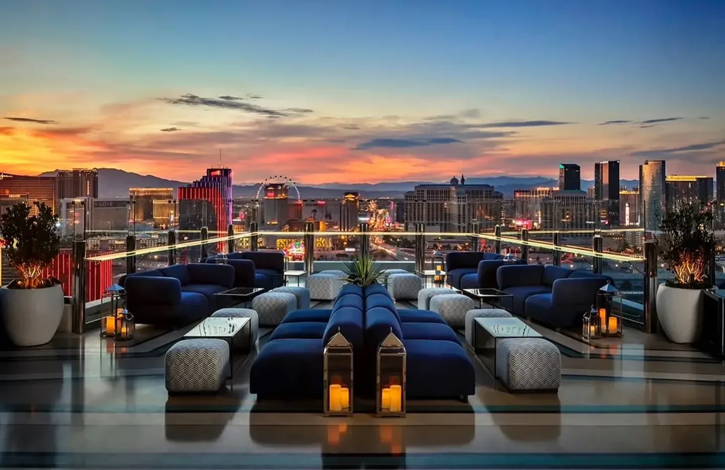 GhostBar in Las Vegas with city views at sunset, featuring elegant outdoor seating.