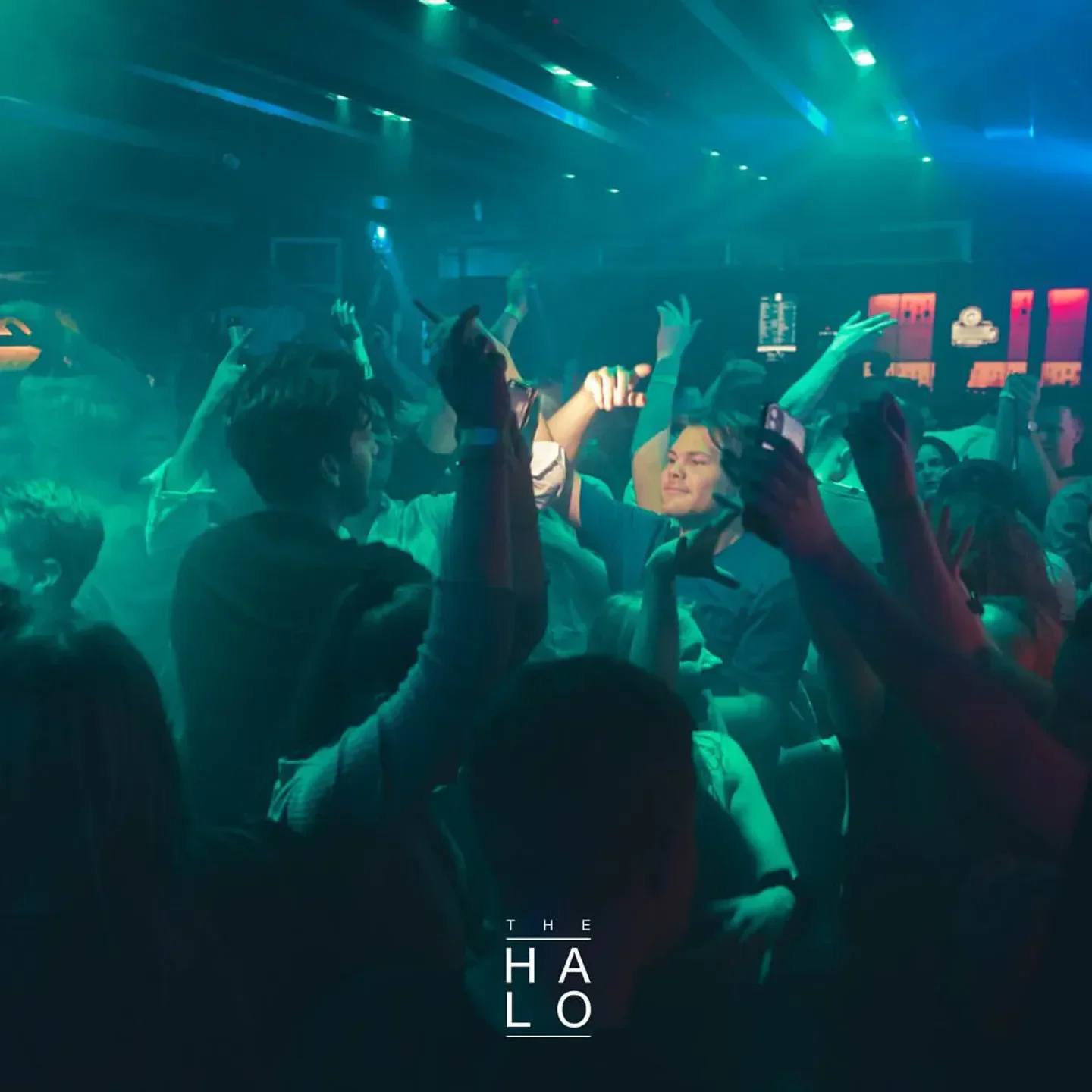 Energetic crowd dancing at HALO Club Hamburg nightclub in Hamburg with hands in the air.