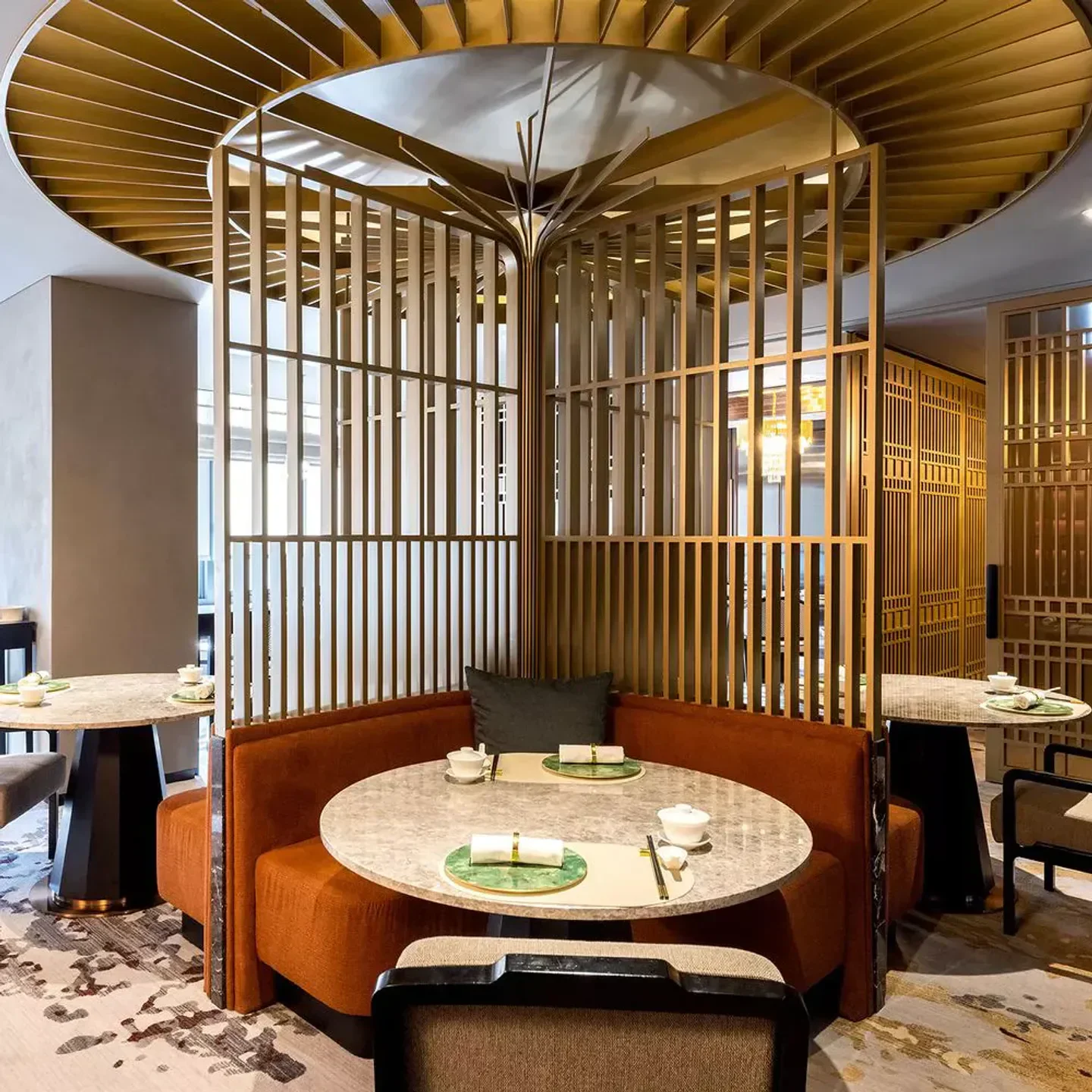 Elegant interior of Haobin restaurant in Seoul, featuring stylish booth seating and decor.