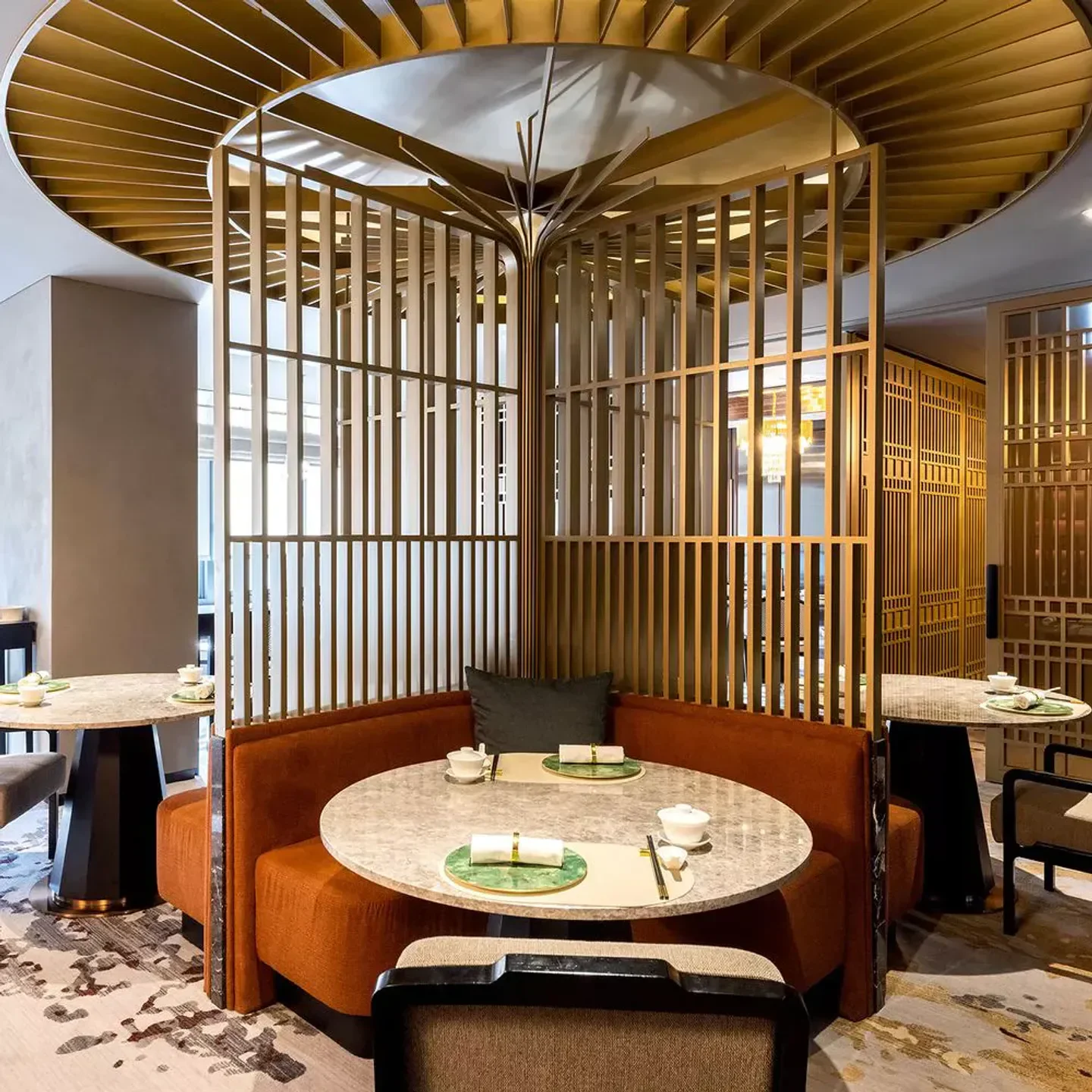 Elegant interior of Haobin restaurant in Seoul, featuring stylish booth seating and decor.