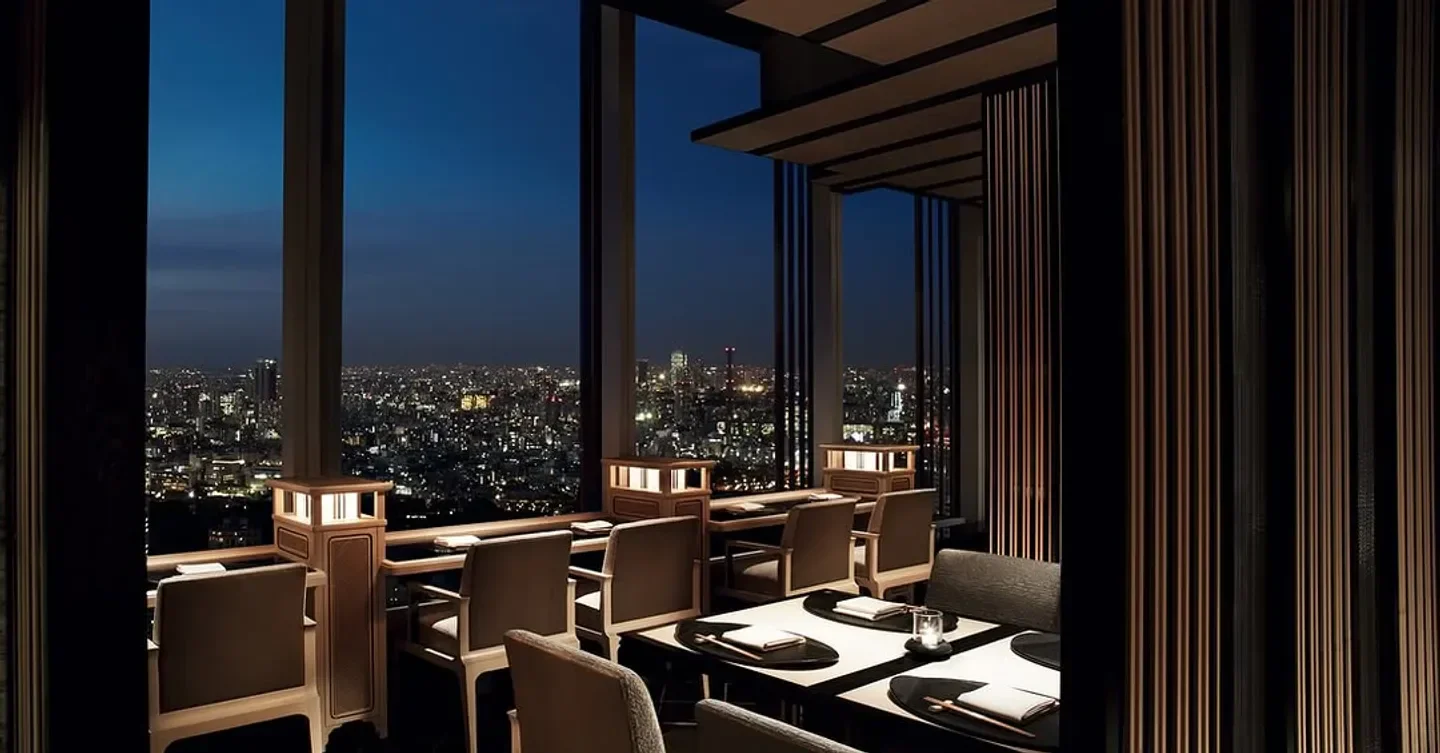 Héritage by Kei Kobayashi in Tokyo, with elegant dining and city views at night.
