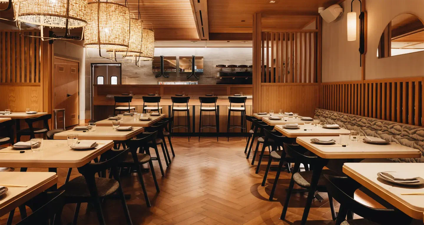 Interior of Itoko restaurant in Chicago, featuring stylish seating and elegant decor.