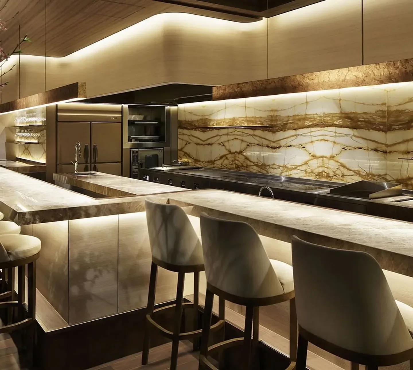 Interior of Jean-Georges - Tokyo restaurant with bar seating in Tokyo, Japan.