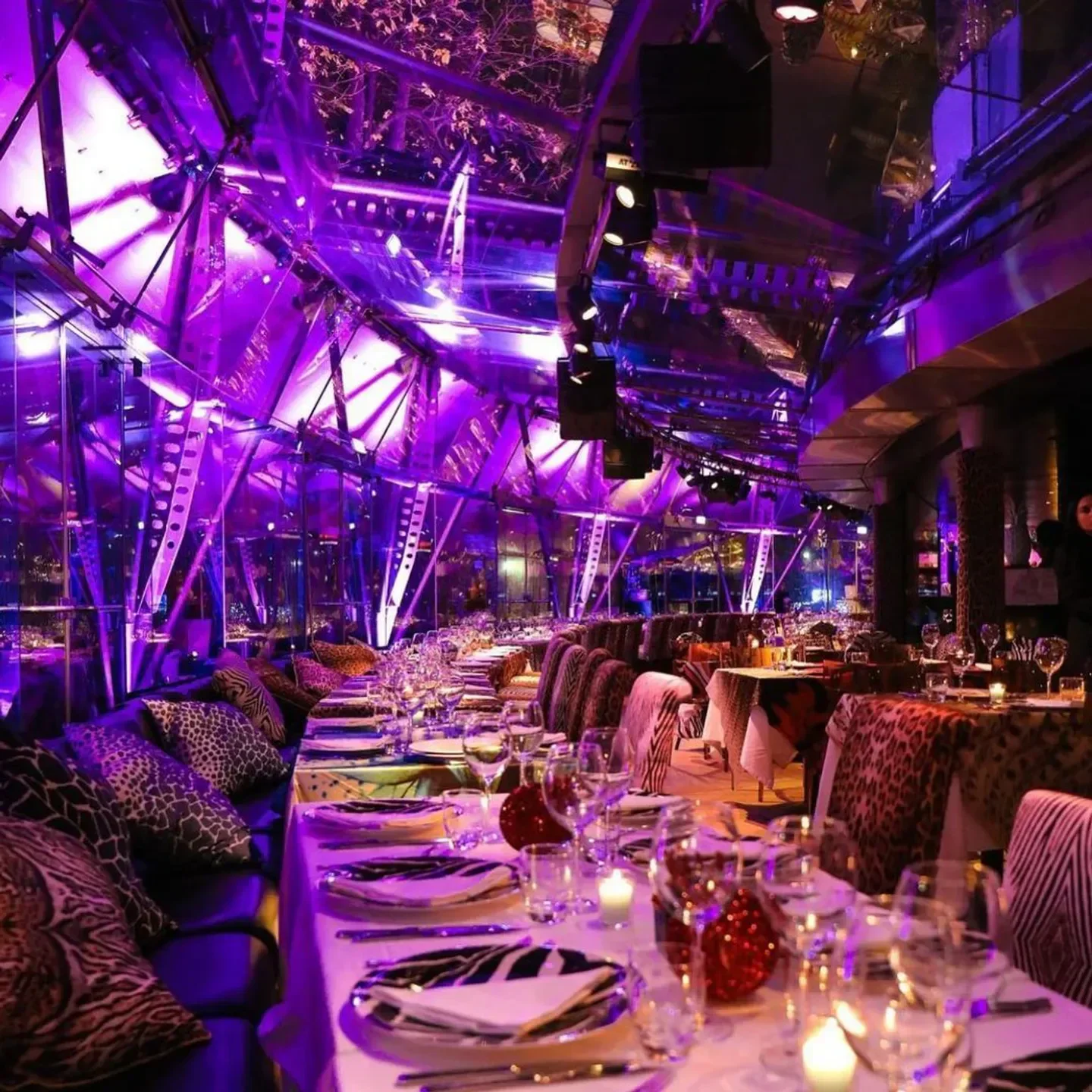 Just Cavalli nightclub in Milan: vibrant purple interior and stylish decor for dining.