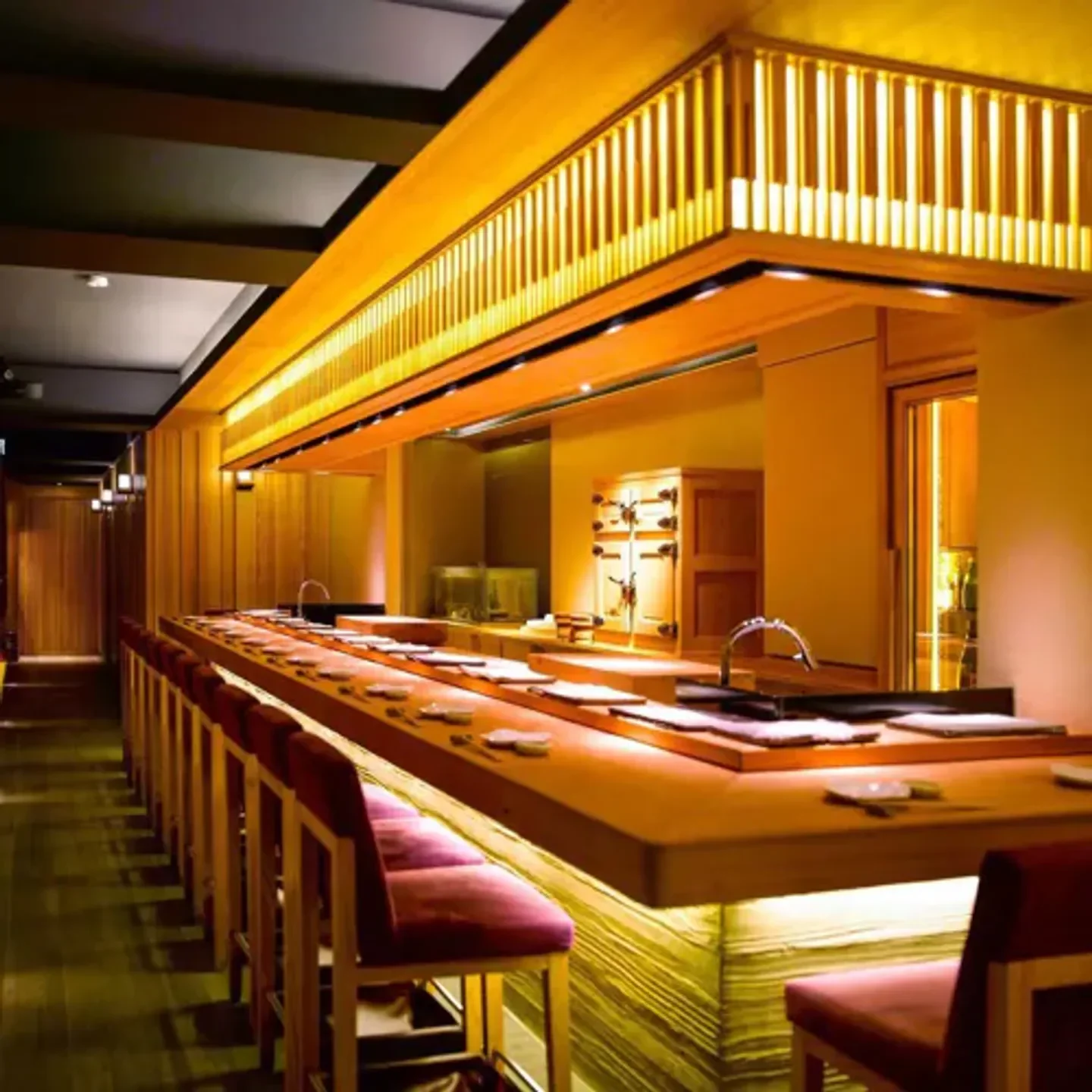 Elegant dining counter at Kitcho, a refined restaurant in Taipei, Taiwan.