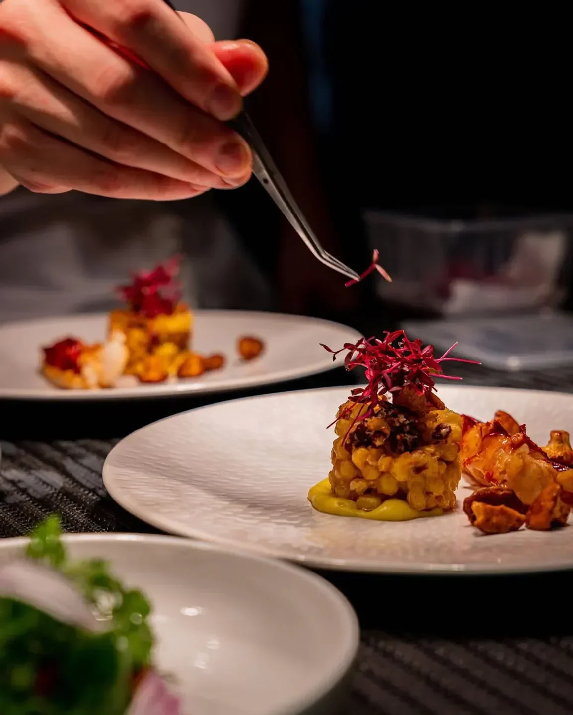 Chef plating gourmet dish at La Scène Thélème, a restaurant in Paris, France.