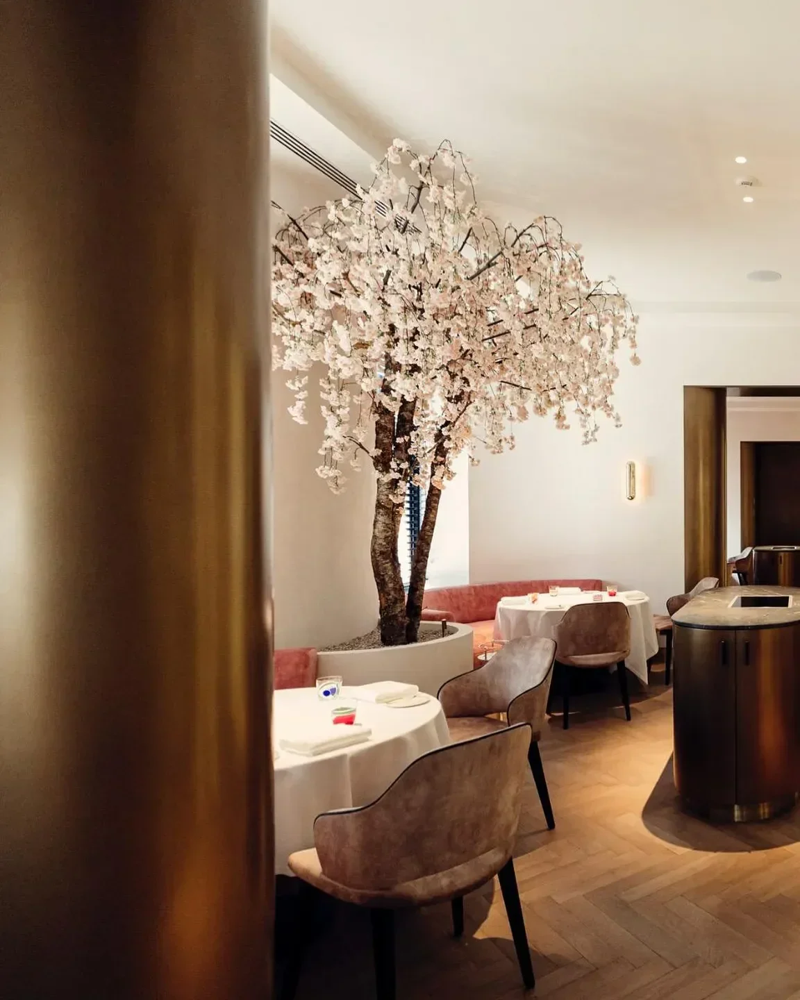 Elegant interior of La Villa Lorraine by Yves Mattagne in Brussels with a decorative tree.