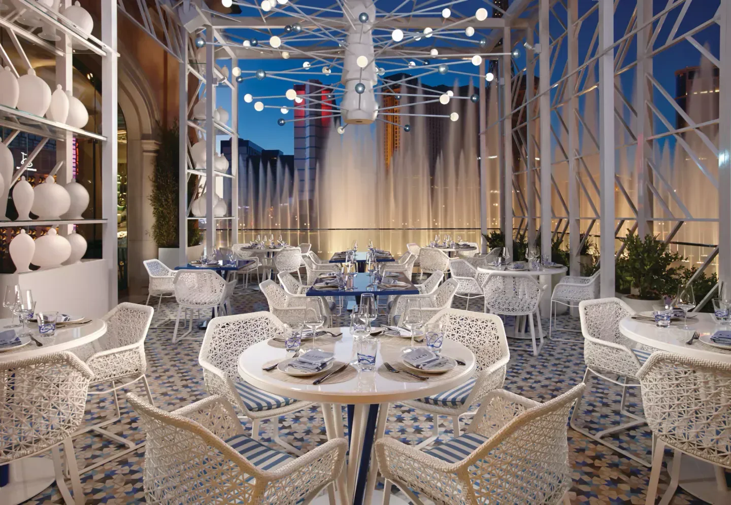 Lago restaurant in Las Vegas, dining with a view of the fountains at night